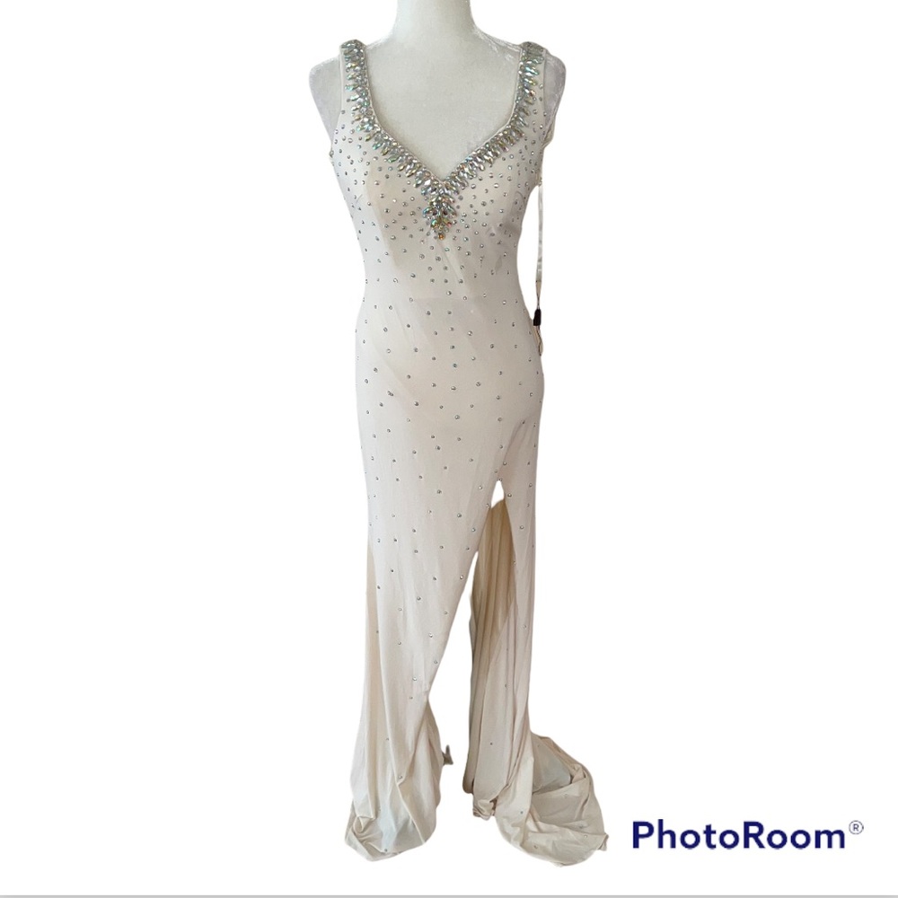 Night Moves Champagne NYE Draped Back Gown